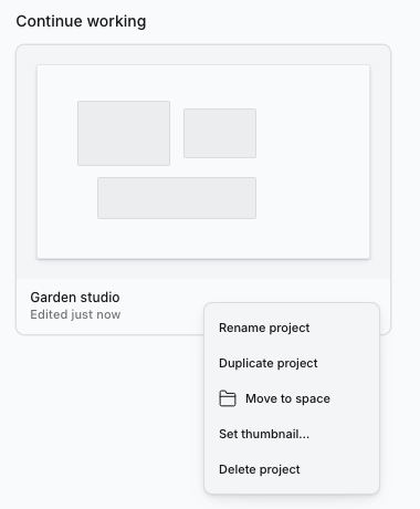 A project's context menu with rename, duplicate, move, thumbnail and delete actions.