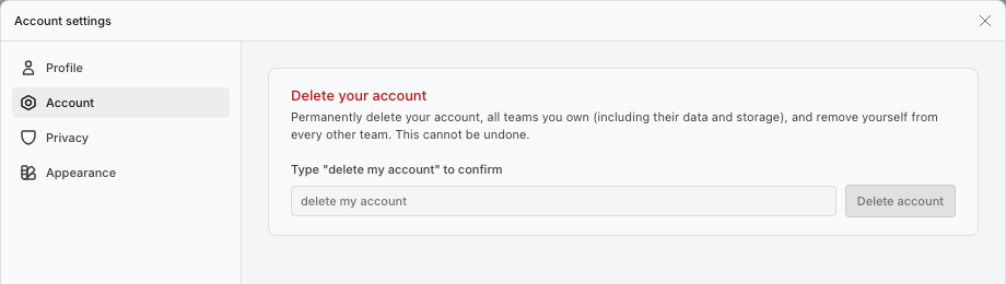 Account settings with the deletion warning and confirmation field.