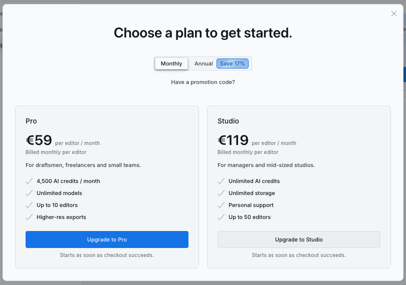 The plan chooser with Monthly and Annual options and the Pro and Studio cards.