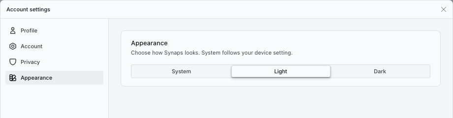 Appearance settings with System, Light and Dark choices.