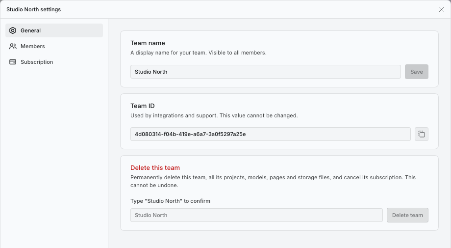 General settings showing Delete this team and the exact-name confirmation.