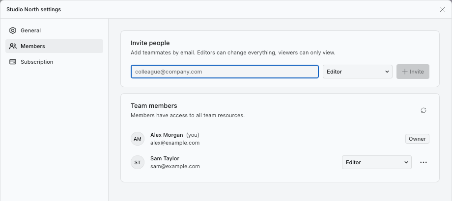 Members settings with the invitation form and team member roles.