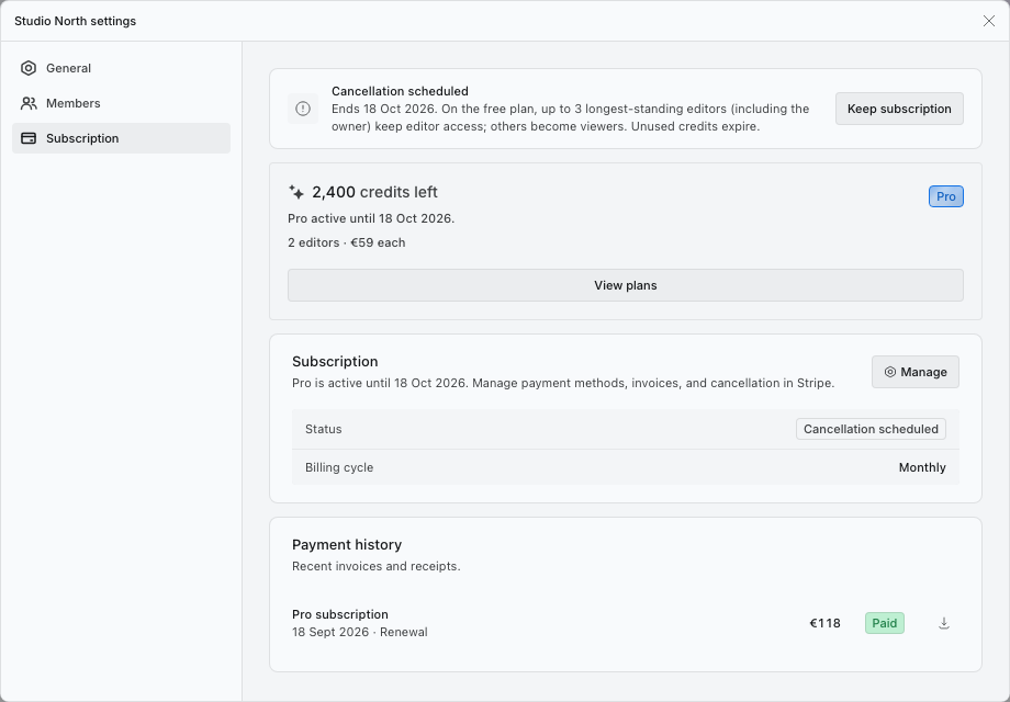 Subscription with cancellation scheduled and the Keep subscription button.