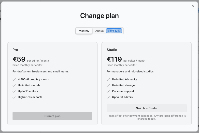 Change plan with the billing-cycle selector and paid plan cards.
