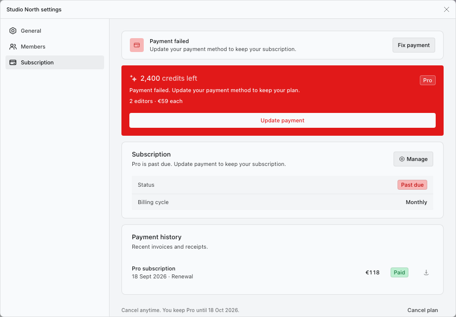 Subscription showing a Payment failed notice and the Fix payment button.