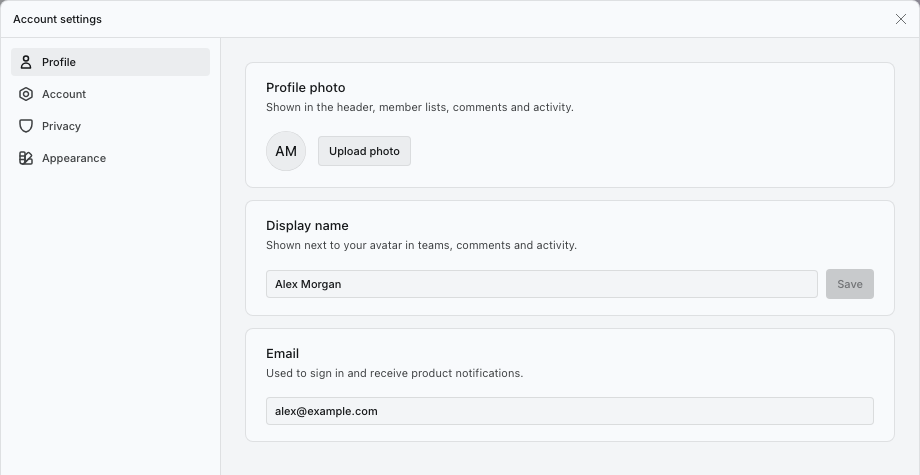 Profile settings with Upload photo, Display name, Save and a read-only email address.