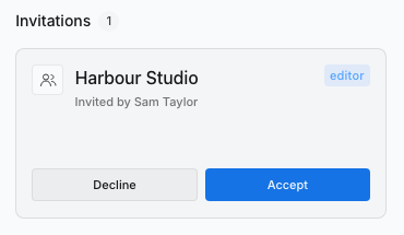 An incoming invitation showing the team, role, Accept and Decline.