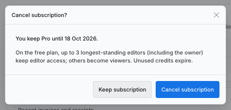 Cancel subscription confirmation showing the end date and the confirmation buttons.
