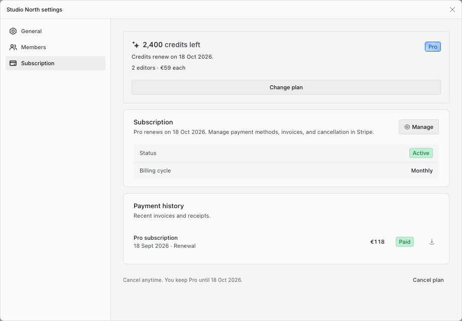 Subscription settings with Manage and Payment history.