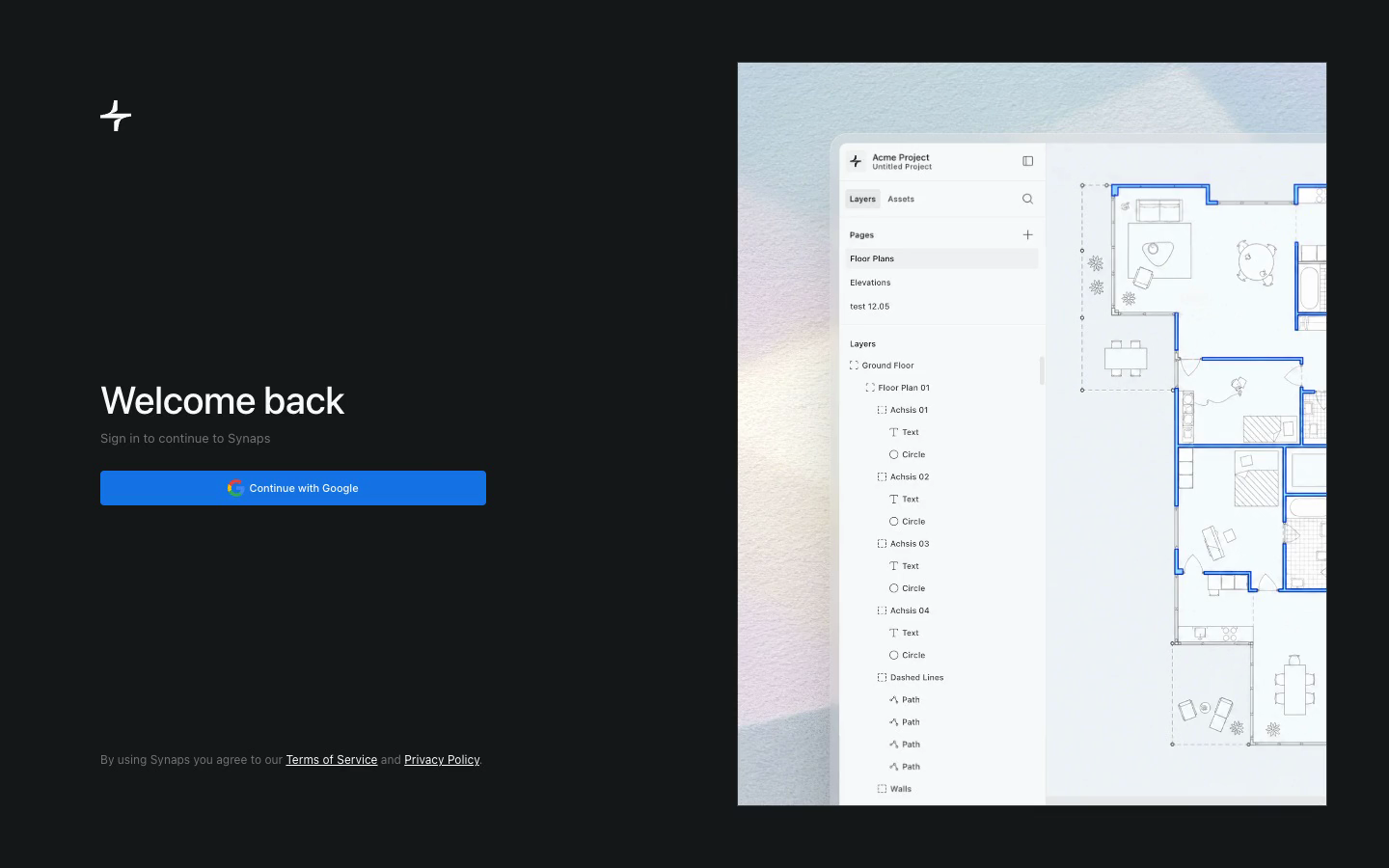 Synaps sign-in screen with the Continue with Google button.
