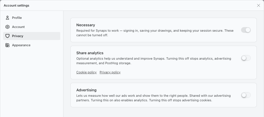 Privacy settings showing Necessary, Share analytics and Advertising.